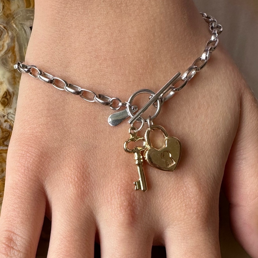 14k real solid yellow gold 925 Silver Heart Charm Bracelet​​​